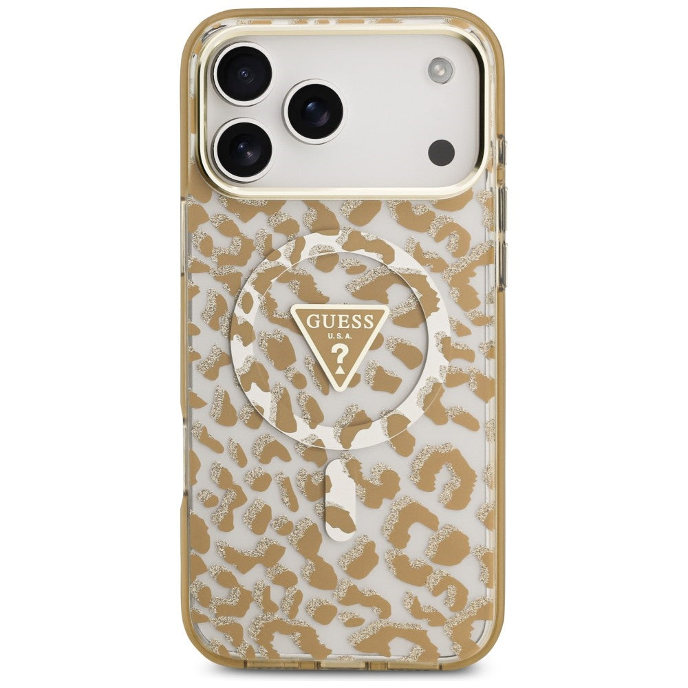 MagSafe Case for Apple iPhone 18 Pro / 17 Pro, Guess, Leopard Glitter Triangle Logo, Brown