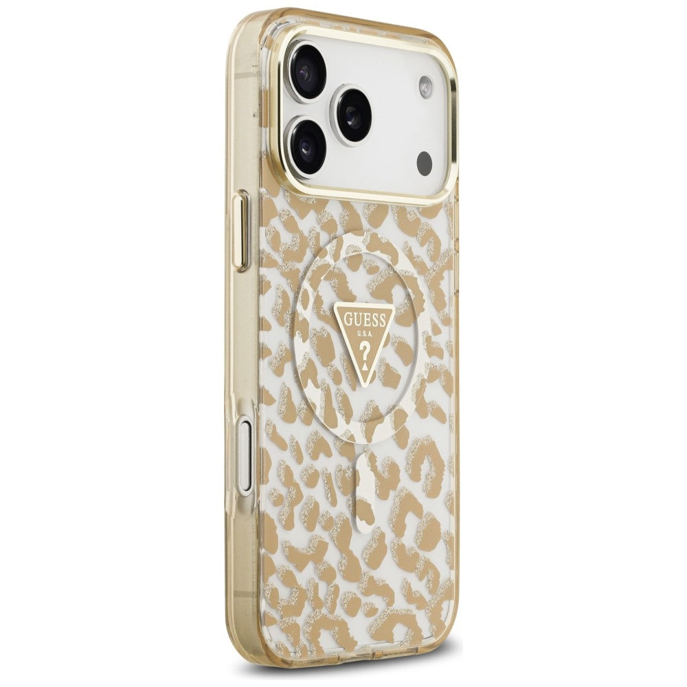 MagSafe Case for Apple iPhone 18 Pro / 17 Pro, Guess, Leopard Glitter Triangle Logo, Brown