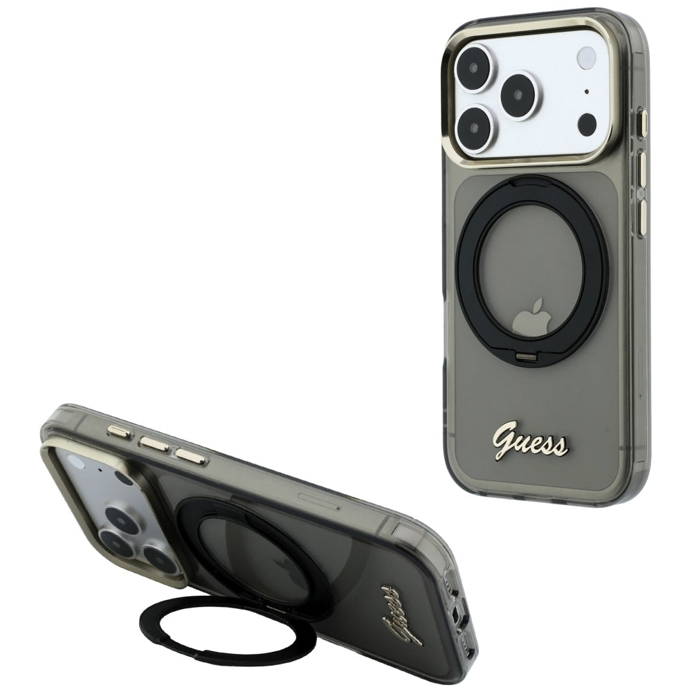 MagSafe Case for Apple iPhone 18 Pro Max / 17 Pro Max, Guess, Ring Stand Script Metal Logo, Black