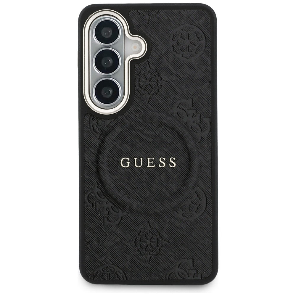 MagSafe Case for Samsung Galaxy S26 Plus S947, GUESS, Saffiano Peony Embossed Ring, Black