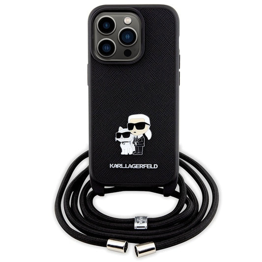 Case for Apple iPhone 14 Pro, Karl Lagerfeld, Saffiano Crossbody Metal Pin Karl & Choupette, Black