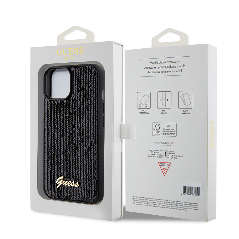 Case for Apple iPhone 15, Guess, Sequin Script Metal, Black