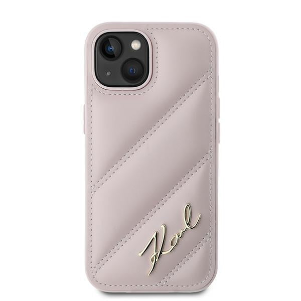 Case for Apple iPhone 15 Plus, Karl Lagerfeld, Diagonal Quilted Script, Pink