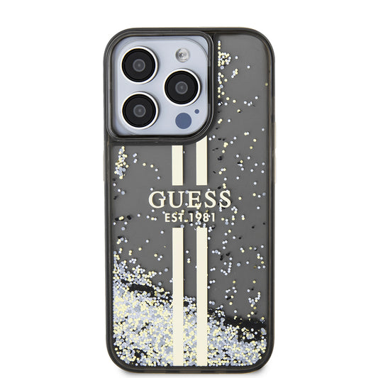 Case for Apple iPhone 15 Pro, Guess, Liquid Glitter Gold Stripe, Black