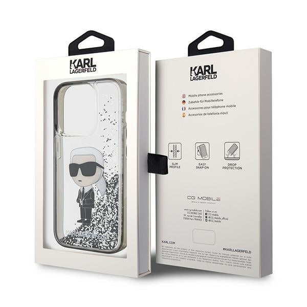 Case for Apple iPhone 15 Pro, Karl Lagerfeld, Liquid Glitter Ikonik Karl, Transparent
