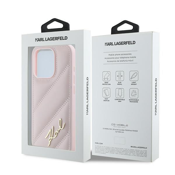 Case for Apple iPhone 15 Pro Max, Karl Lagerfeld, Diagonal Quilted Script, Pink