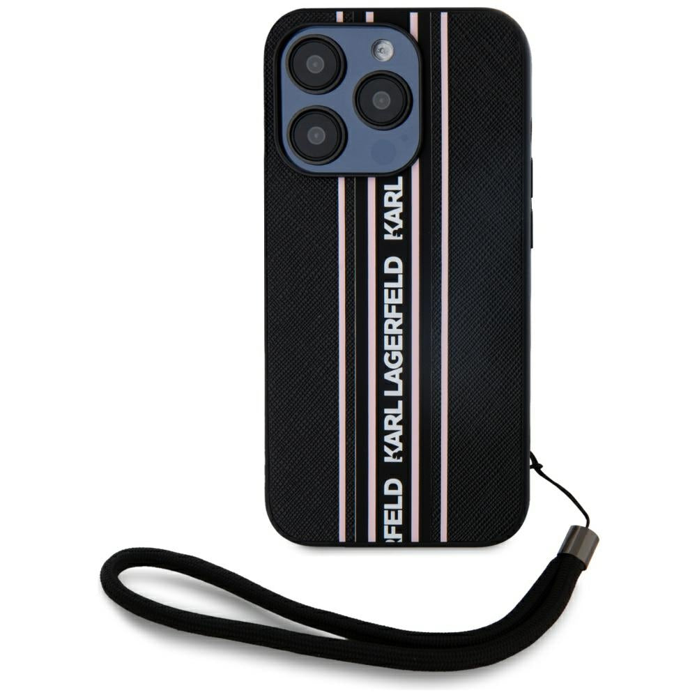 Case for Apple iPhone 15 Pro Max, Karl Lagerfeld, Saffiano Athleisure Stripes with Strap, Pink
