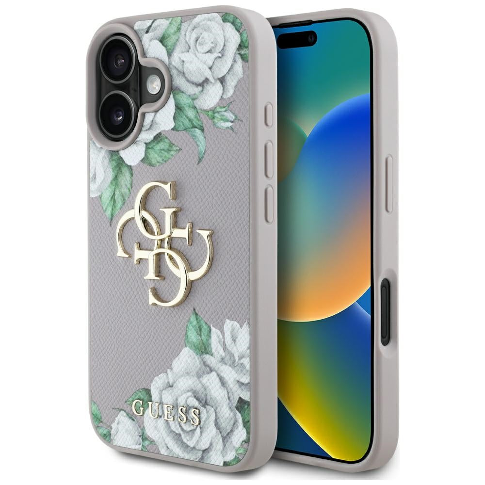 Case for Apple iPhone 16, Guess, 4G Grained Roses Big Logo, Purple