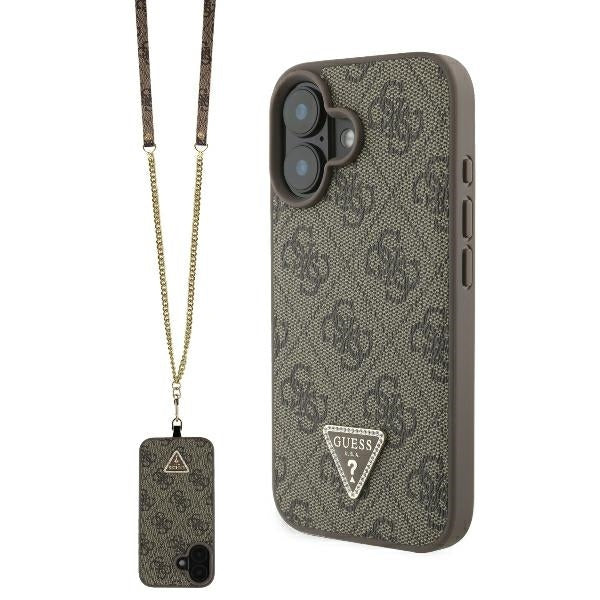 Case for Apple iPhone 16, Guess, Crossbody 4G Triangle Strass, Brown