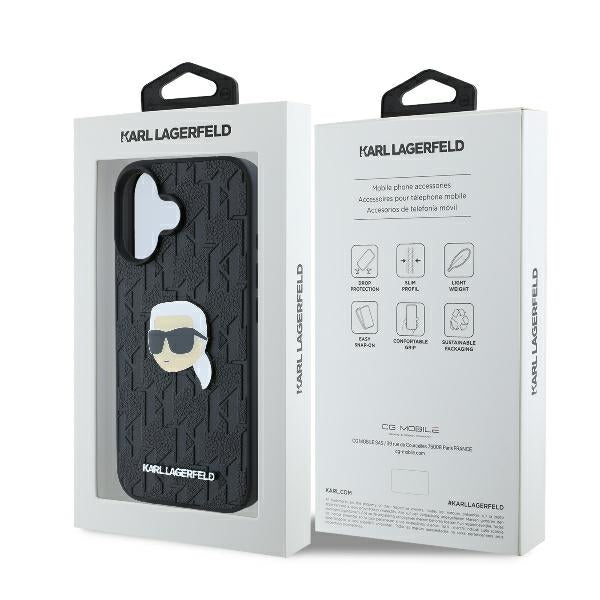 Case for Apple iPhone 16, Karl Lagerfeld, Monogram Karl's Head, Black
