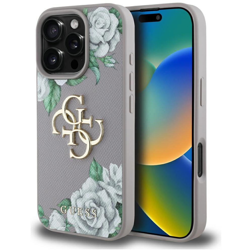 Case for Apple iPhone 16 Pro, Guess, 4G Grained Roses Big Logo, Purple