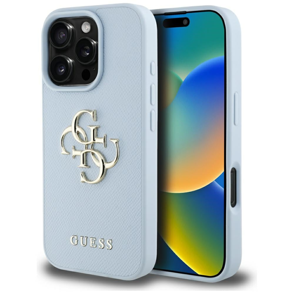 Case for Apple iPhone 16 Pro, Guess, Grained Big 4G Logo Small Classic Logo, Blue
