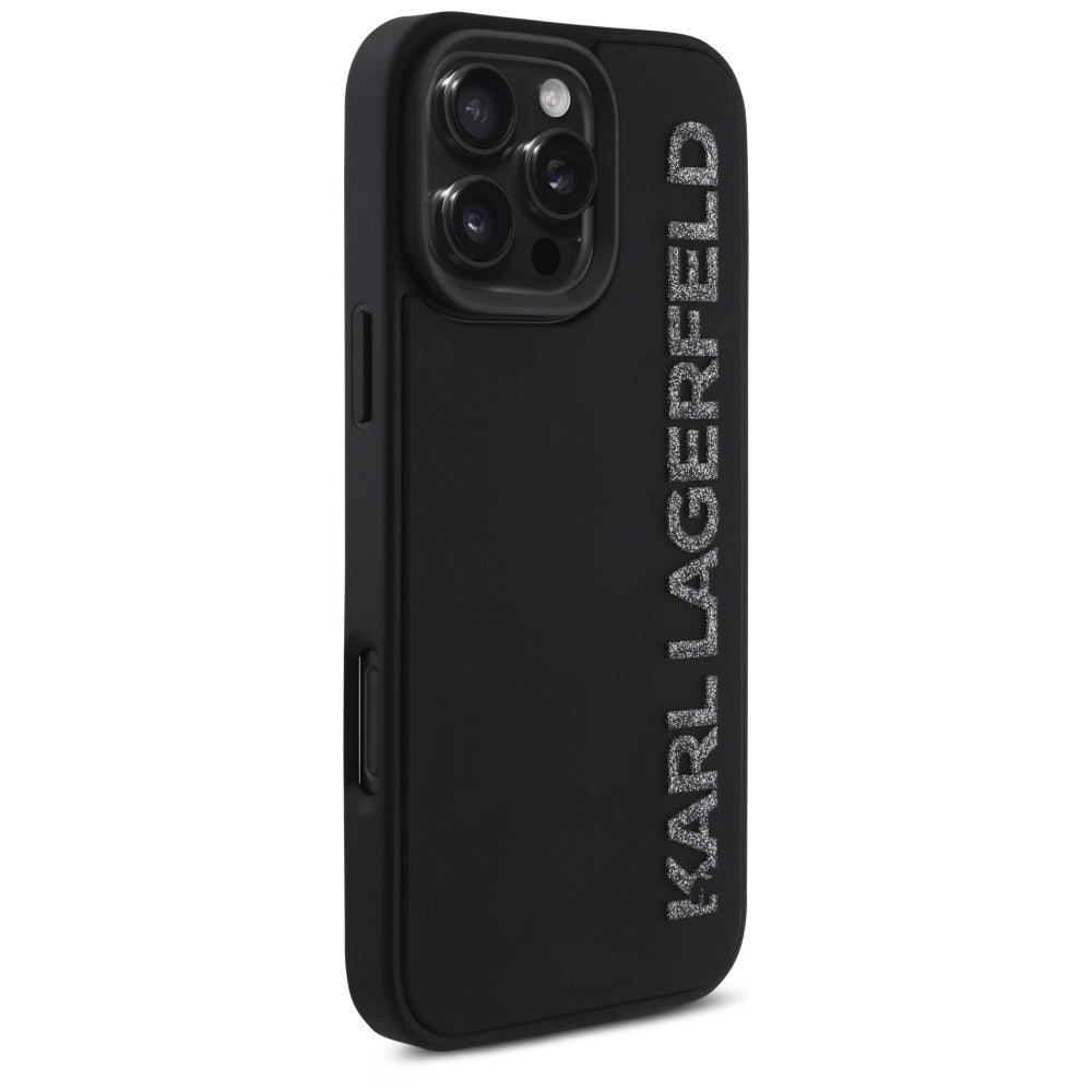 Case for Apple iPhone 16 Pro, Karl Lagerfeld, 3D Rubber Elongated Glitter Logo, Black