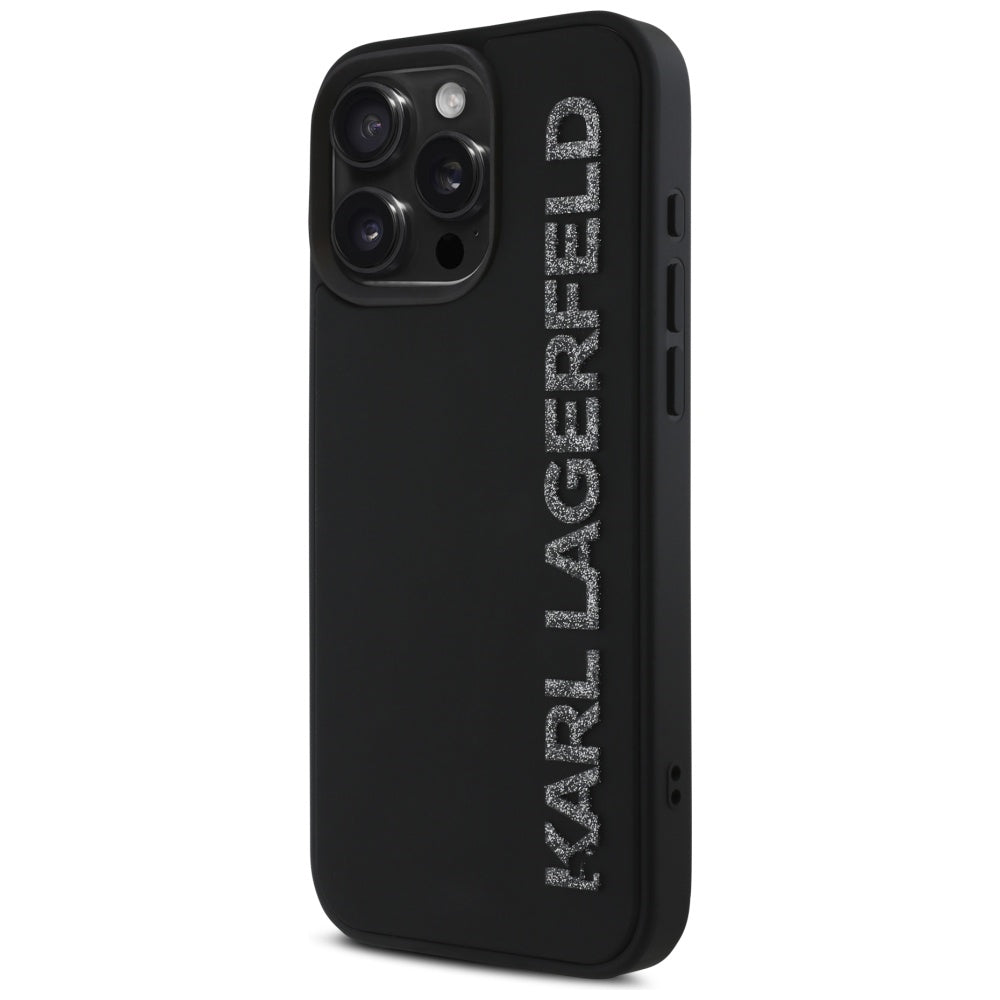 Case for Apple iPhone 16 Pro Max, Karl Lagerfeld, 3D Rubber Elongated Glitter Logo, Black