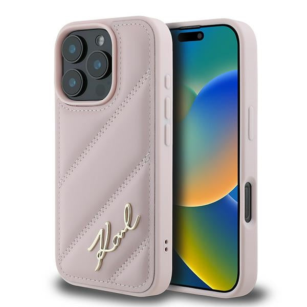 Case for Apple iPhone 16 Pro Max, Karl Lagerfeld, Diagonal Quilted Script, Pink