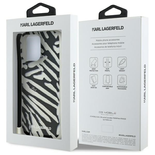 Case for Apple iPhone 16 Pro Max, Karl Lagerfeld, IML Luxury Zebra Pattern with Strap, Black