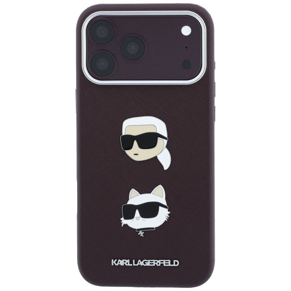 Case for Apple iPhone 18 Pro / 17 Pro, Karl Lagerfeld, Saffiano with Karl & Choupette Head's Pin and Logo, Burgundy