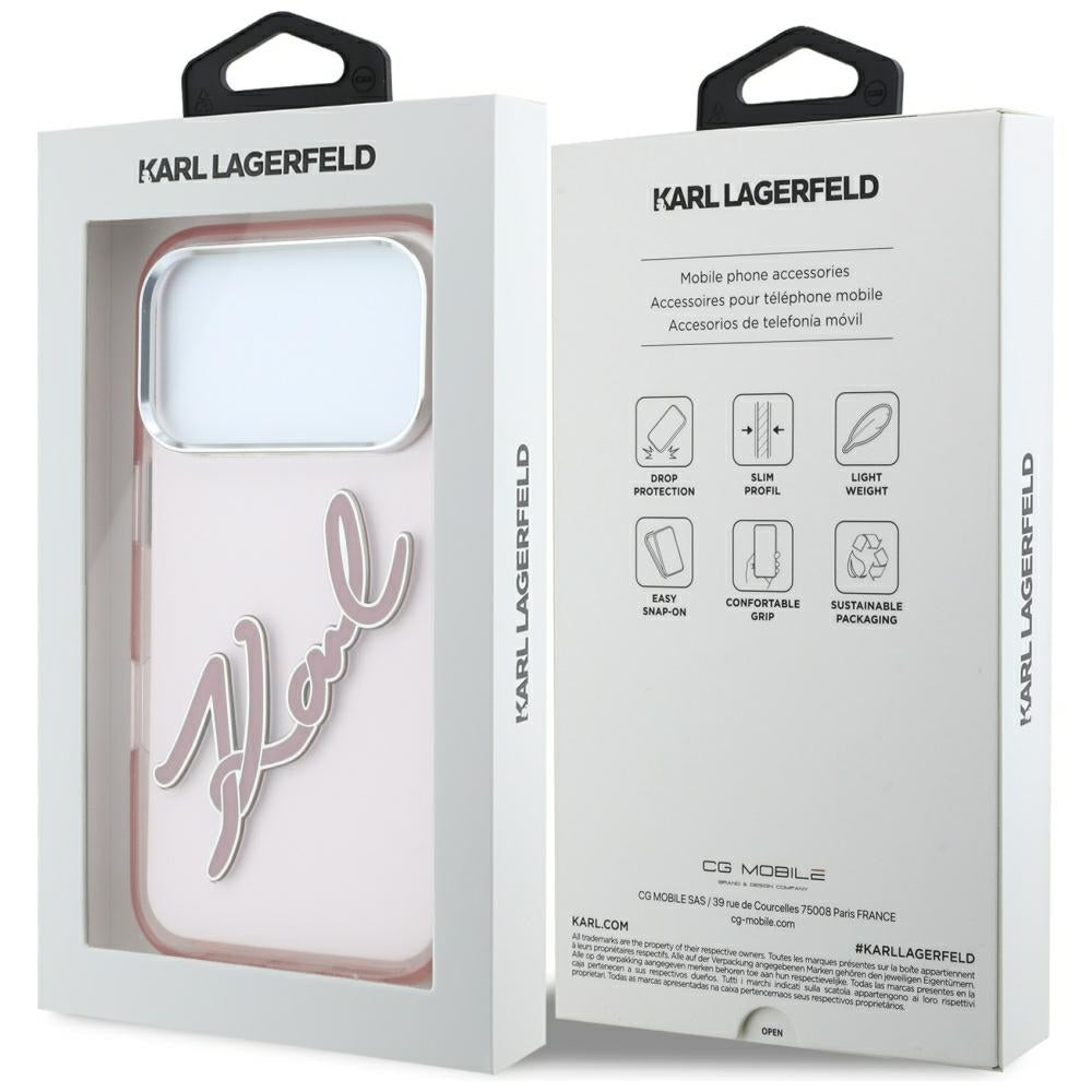 Case for Apple iPhone 18 Pro Max / 17 Pro Max, Karl Lagerfeld, IML Big Signature Resin Logo Metal Frame, Pink
