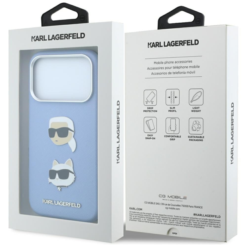 Case for Apple iPhone 18 Pro Max / 17 Pro Max, Karl Lagerfeld, Saffiano with Karl & Choupette Head's Pin and Logo, Blue