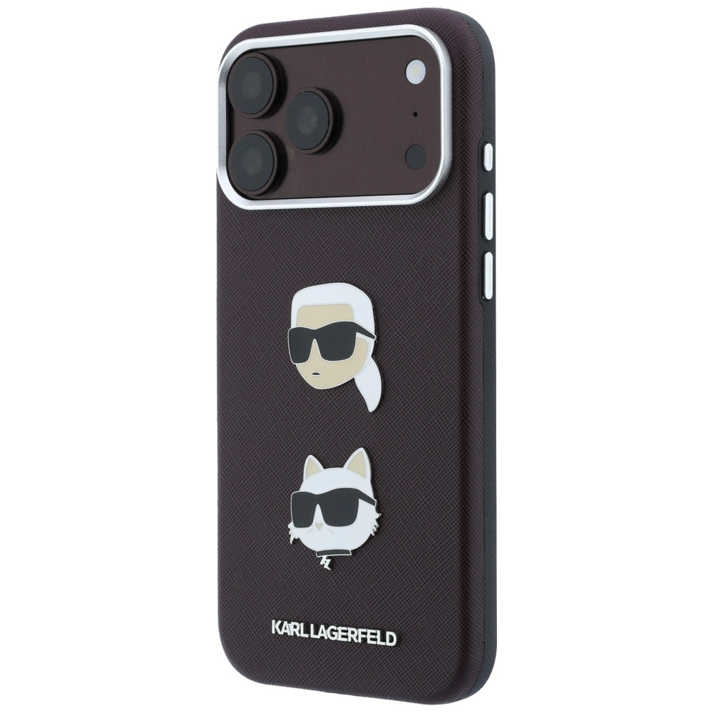 Case for Apple iPhone 18 Pro Max / 17 Pro Max, Karl Lagerfeld, Saffiano with Karl & Choupette Head's Pin and Logo, Burgundy