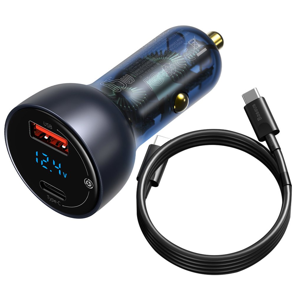 Baseus Digital Display USB-C Cable Car Charger, 65W, 5A, 1 x USB-A - 1 x USB-C, Black TZCCKX-0G