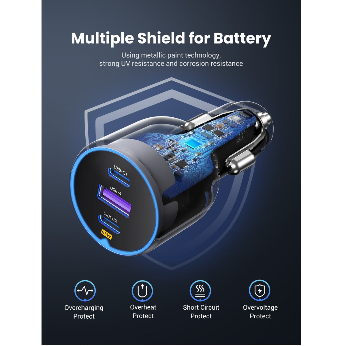 UGREEN EC703 Car Charger, 75W, 3.25A, 1 x USB-A - 2 x USB-C, Black