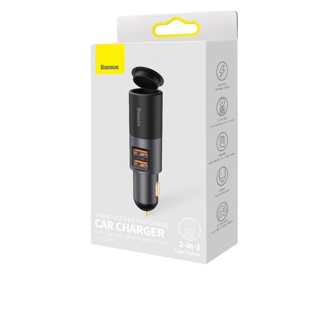 Baseus Share Together Car Charger, 120W, 3A, 1 x Cigarette Lighter Extension - 2 x USB-A, Black CCBT-D0G