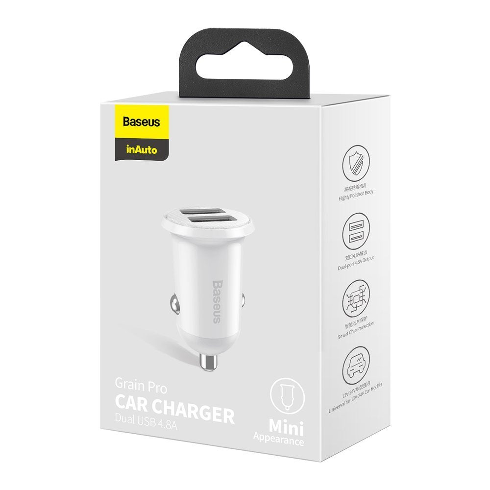 Car Charger Baseus Grain Pro, 24W, 2.4A, 2 x USB-A, White CCALLP-02