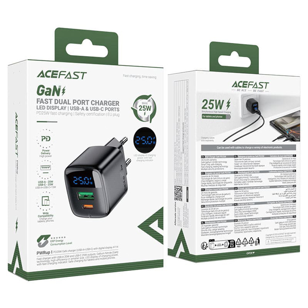 Acefast A114 Display Network Charger, 25W, 3A, 1 x USB-A - 1 x USB-C, Black