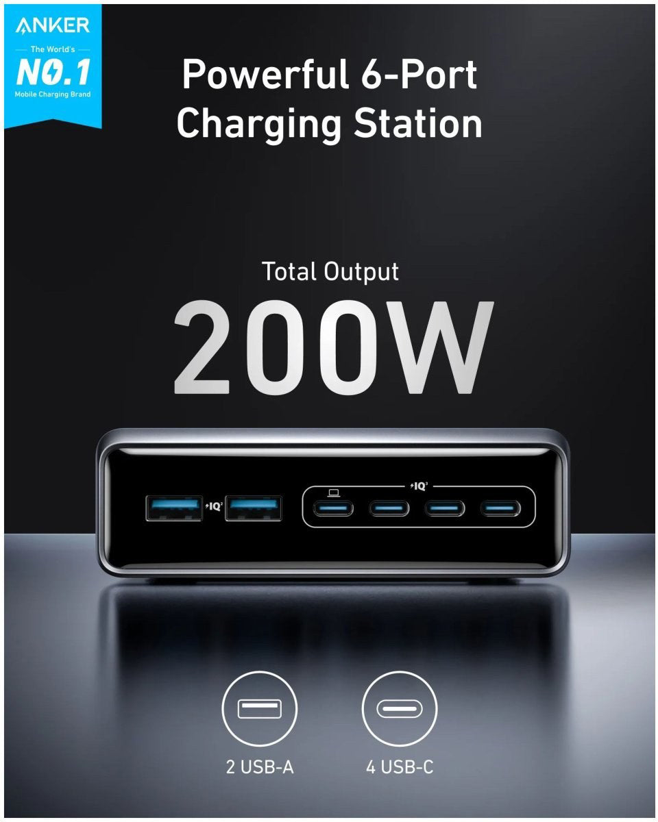 Network Charger Anker Prime, 200W, 3A, 2 x USB-A - 4 x USB-C, Black A2683341