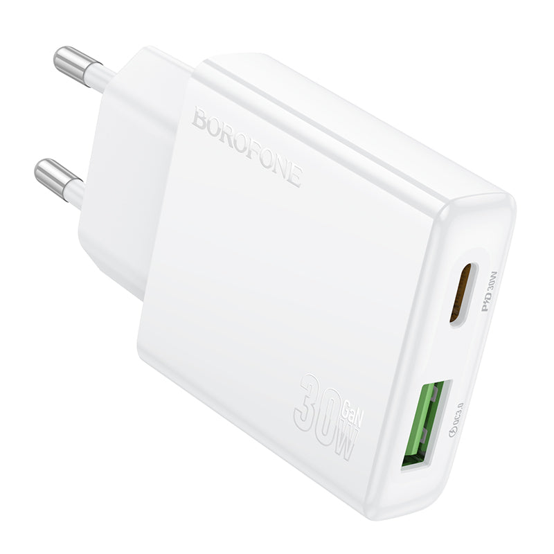 Network Charger Borofone BN25 Wish, 30W, 3A, 1 x USB-A - 1 x USB-C, White