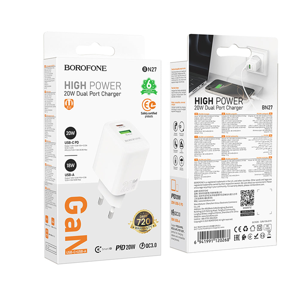 Borofone BN27 Fuente Network Charger, 20W, 3A, 1 x USB-A - 1 x USB-C, White