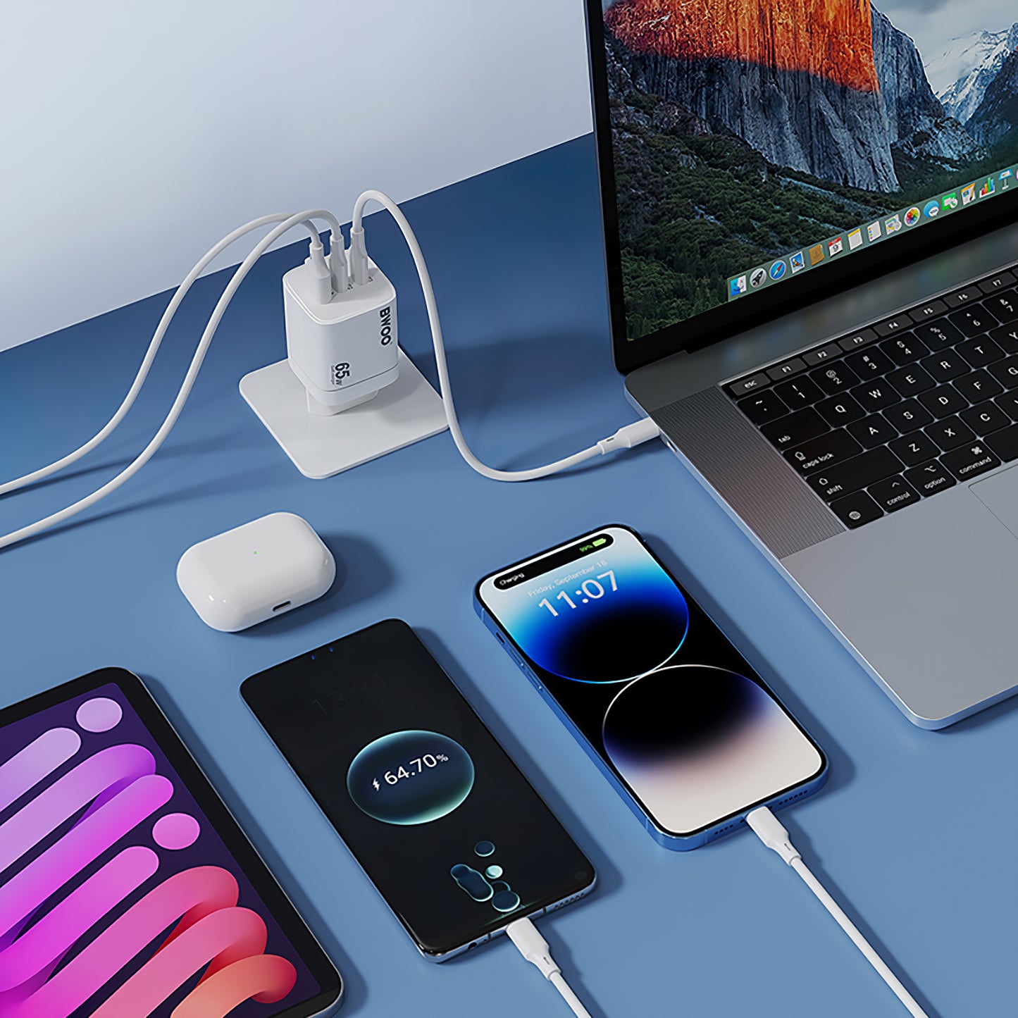 BWOO CDA147 Network Charger, 65W, 4.5A, 1 x USB-A - 2 x USB-C, White