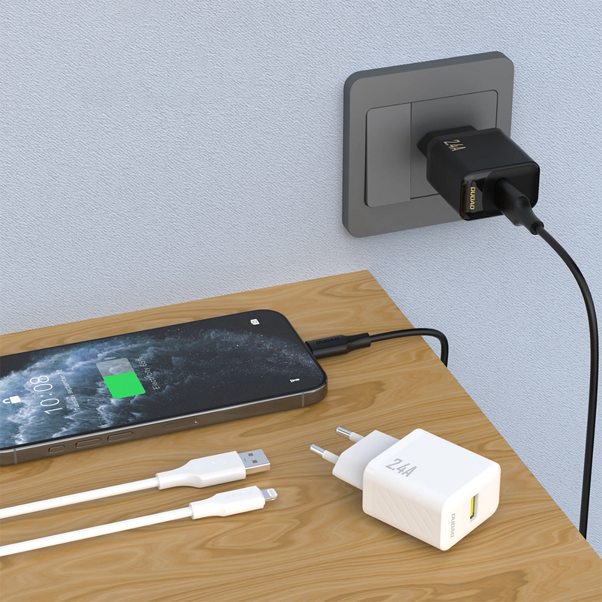 Dudao A23LEU Mains Charger with Lightning Cable, 12W, 2.4A, 1 x USB-A, White
