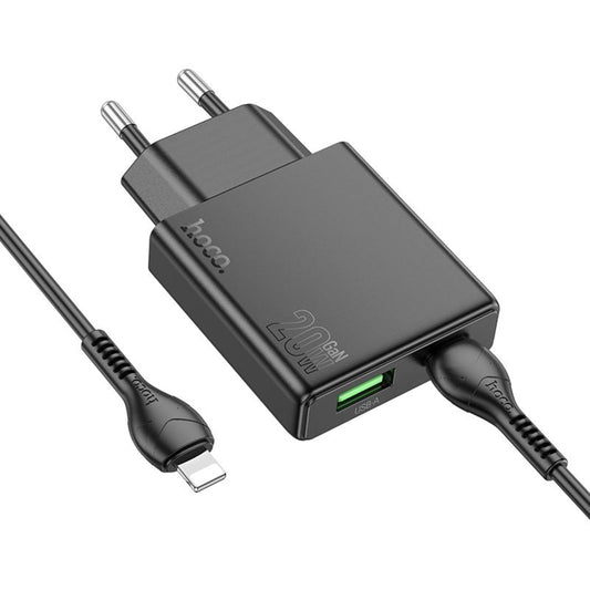 Network Charger with Lightning Cable HOCO N38, 20W, 3A, 1 x USB-A - 1 x USB-C, Black