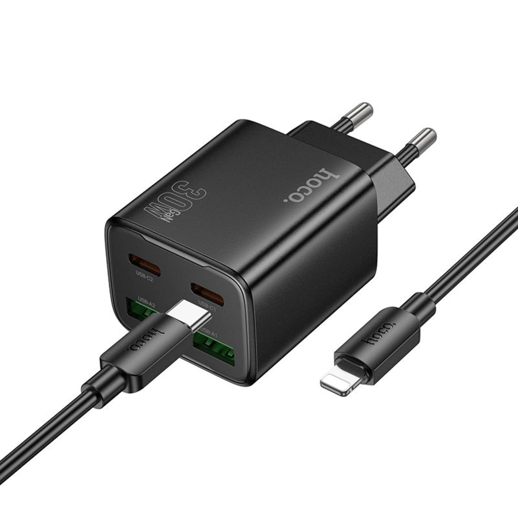 HOCO N56 Network Charger with Lightning Cable, 30W, 3A, 2 x USB-A - 2 x USB-C, Black