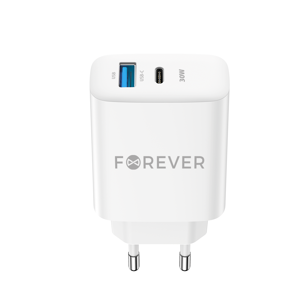 Network Charger Forever TC-07-30AC, 30W, 3A, 1 x USB-A - 1 x USB-C, White