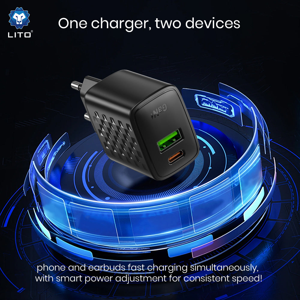 Lito LC24 Network Charger, 65W, 3.25A, 1 x USB-A - 1 x USB-C, Black