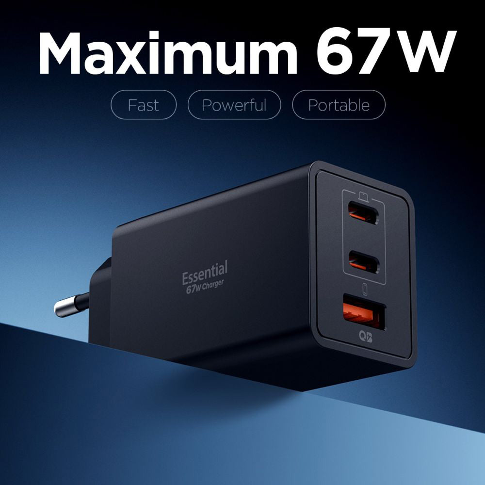 Spigen Essential Network Charger, 67W, 3.25A, 1 x USB-A - 2 x USB-C, Black ACH09458
