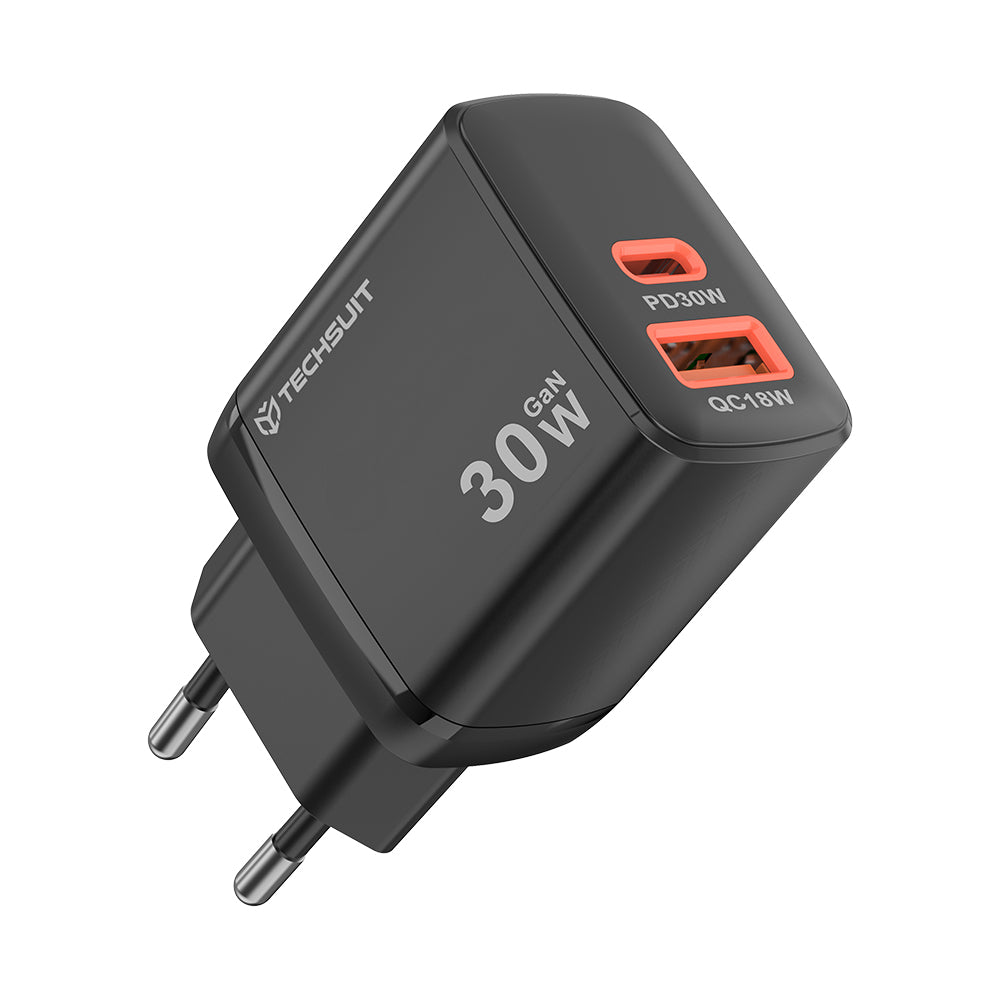 Techsuit CH1 Duonix Network Charger, 30W, 3A, 1 x USB-A - 1 x USB-C, Black