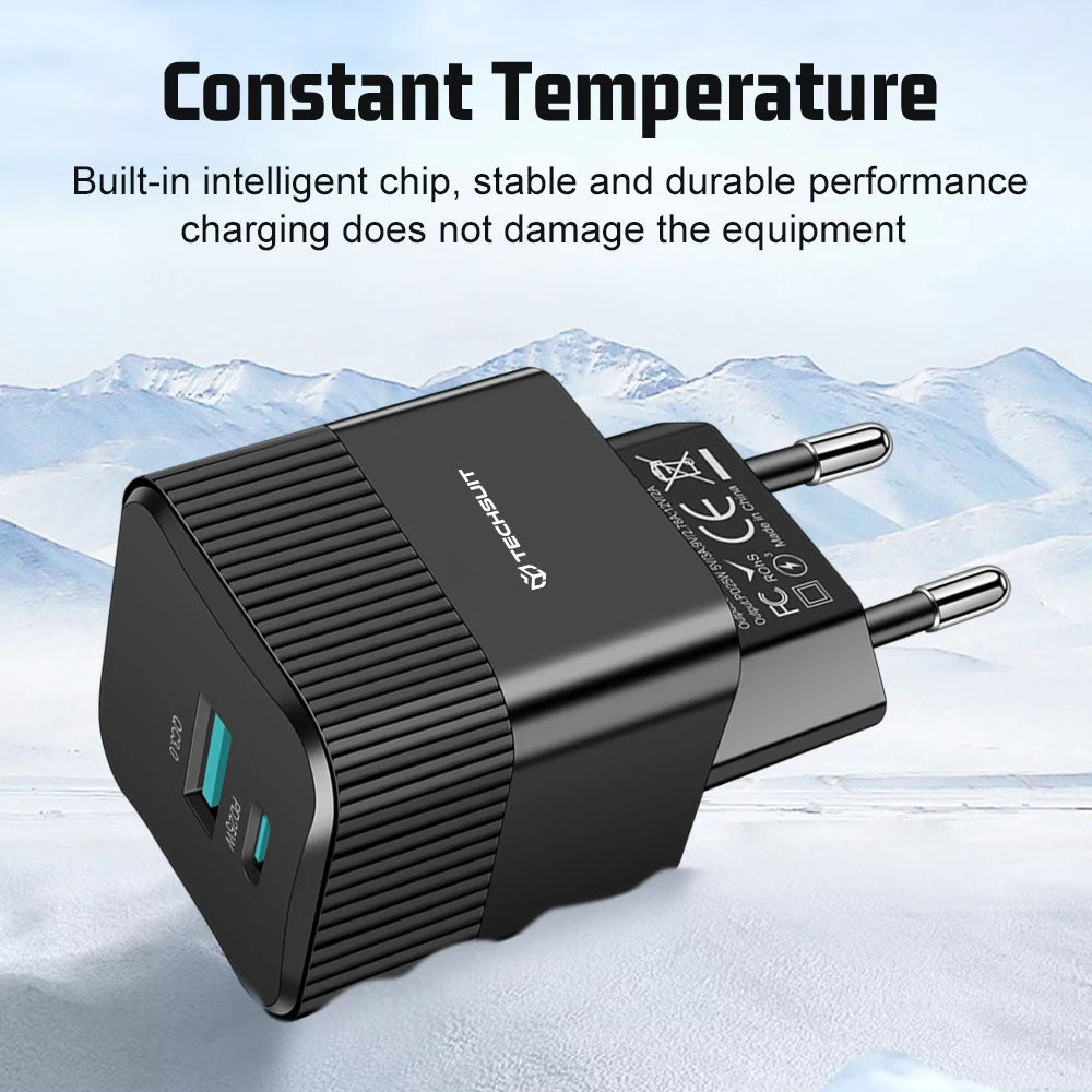 Techsuit CHPD216 Tiny Network Charger, 25W, 3A, 1 x USB-A - 1 x USB-C, Black