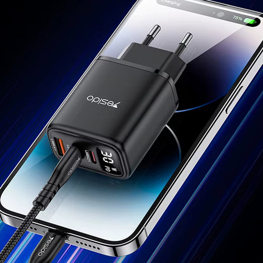 Yesido YC69 Display Network Charger, 30W, 3A, 1 x USB-A - 2 x USB-C, Black