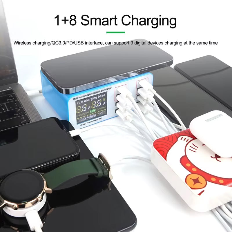 Relife RL-304S QI Charging Station, 110W, 3A, 2 x USB-C - 6 x USB-A, Blue