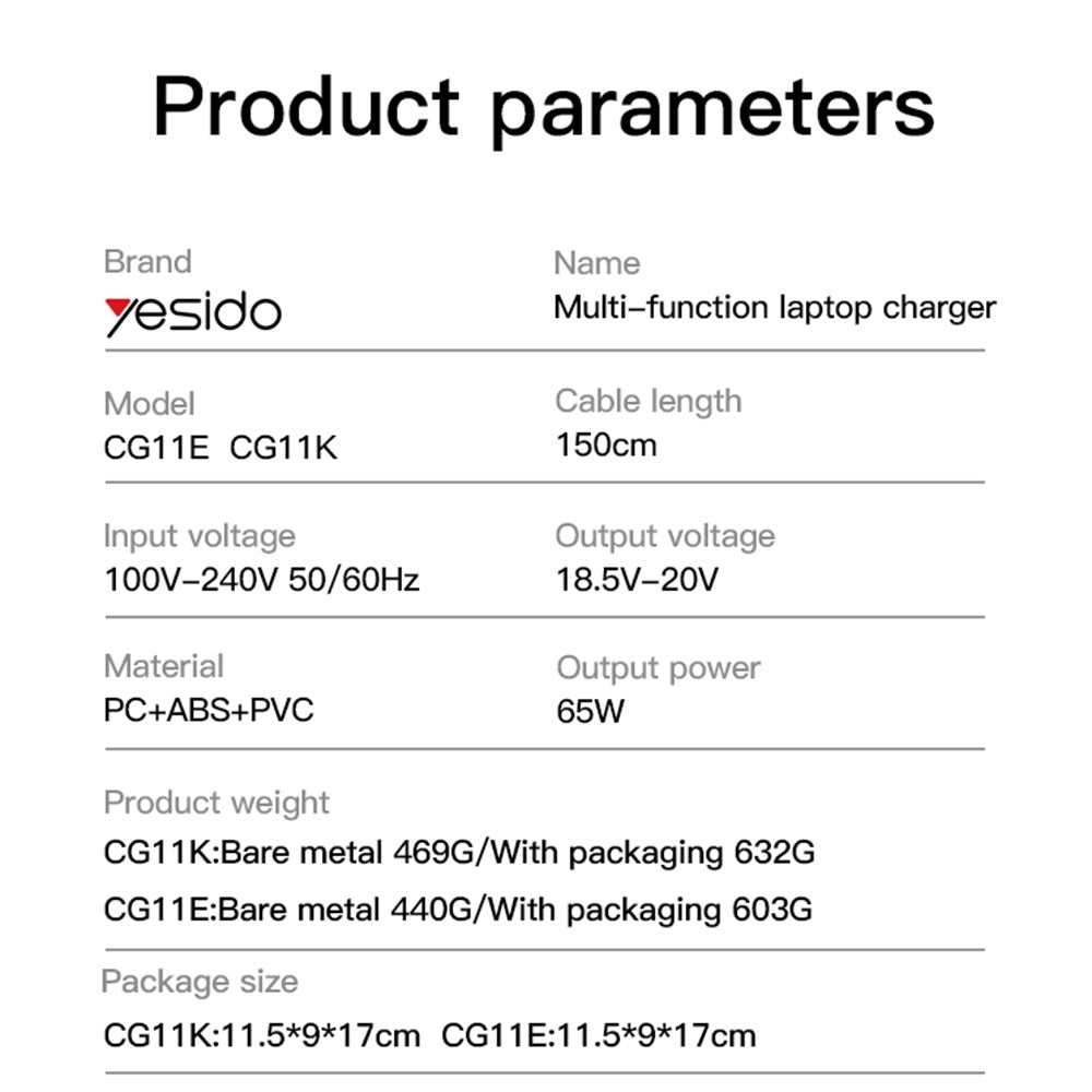 Yesido CG11E Charger, 65W, Universal, Black