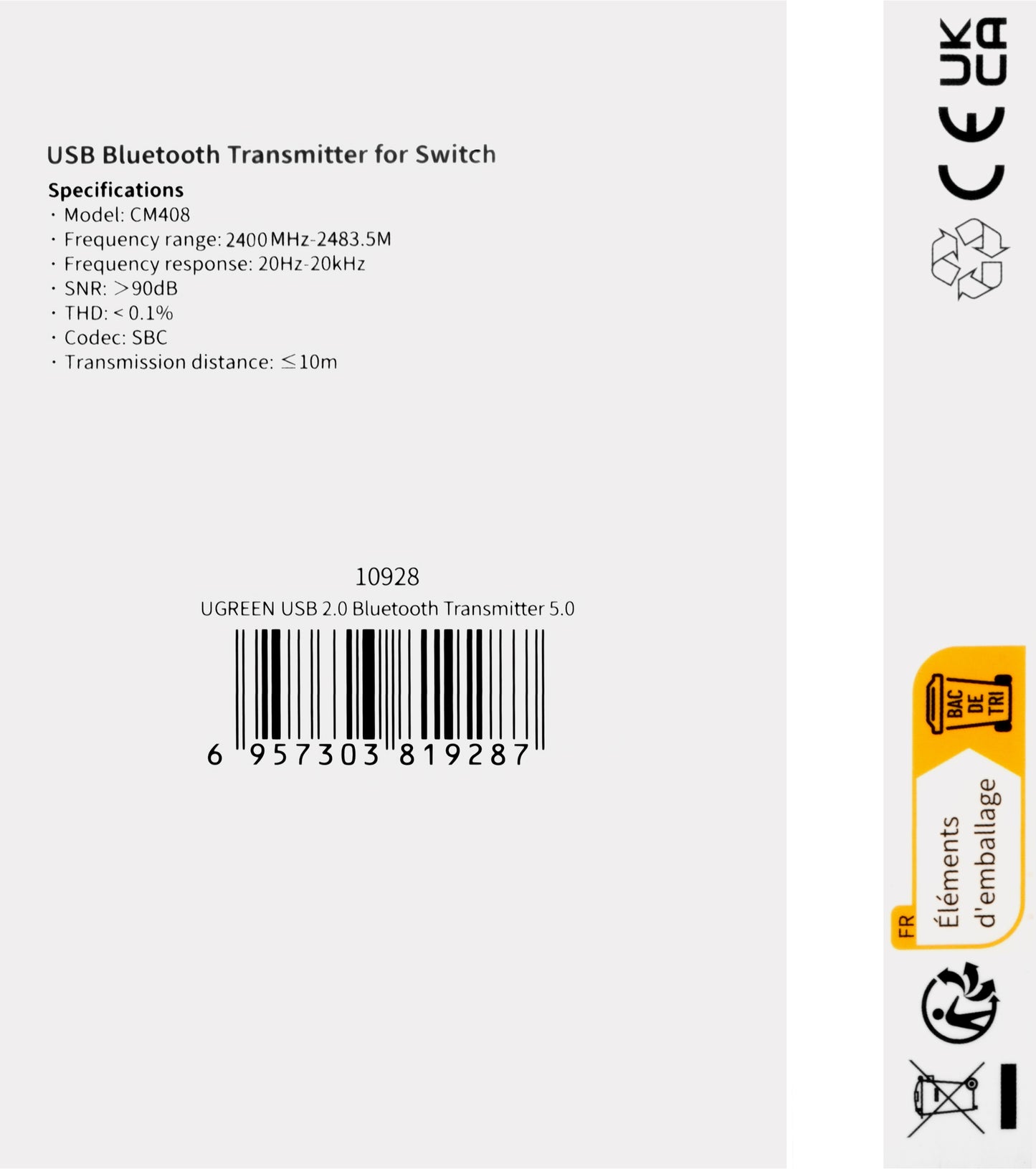 Bluetooth USB Adapter UGREEN CM408, Black 