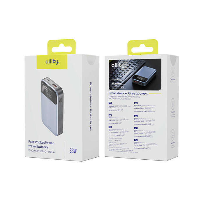 Allity External Battery. APB-200 PocketPower, 10000mAh, 33W, QC + PD, 1 x USB-A - 1 x USB-C, Gray