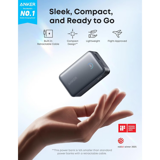 Anker Nano External Battery, 10000mAh, 45W, QC + PD, 1 x USB-A - 1 x USB-C, Black A1638H11