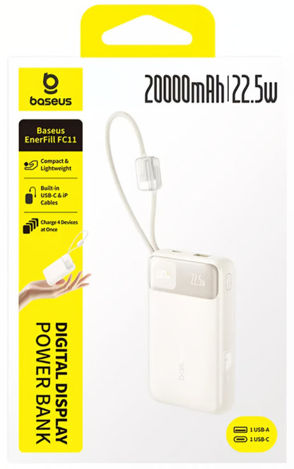 Baseus EnerFill FC11 External Battery, 20000mAh, 22.5W, QC + PD, 1 x Lightning - 1 x USB-A - 2 x USB-C, Beige E0027S05