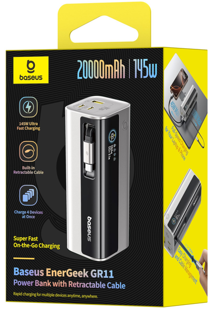 Baseus EnerGeek GR11 External Battery, 20000mAh, 145W, QC + PD, 1 x USB-A - 3 x USB-C, Silver E0027B02