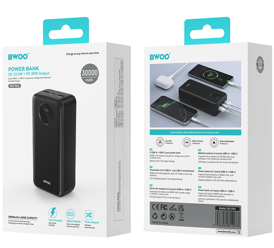 External Battery BWOO BO-P64, 30000mAh, 22.5W, QC + PD, 1 x USB-C - 2 x USB-A, Black